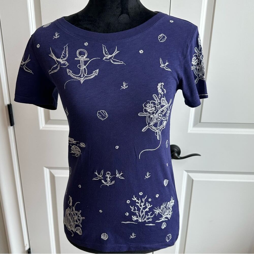 J. Crew Re-Imagine Nautical Embroidered Ocean Blue and White 100% Cotton T-Shirt